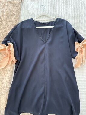 Zara Navy V-Neck Dress with Peach Tie Sleeves